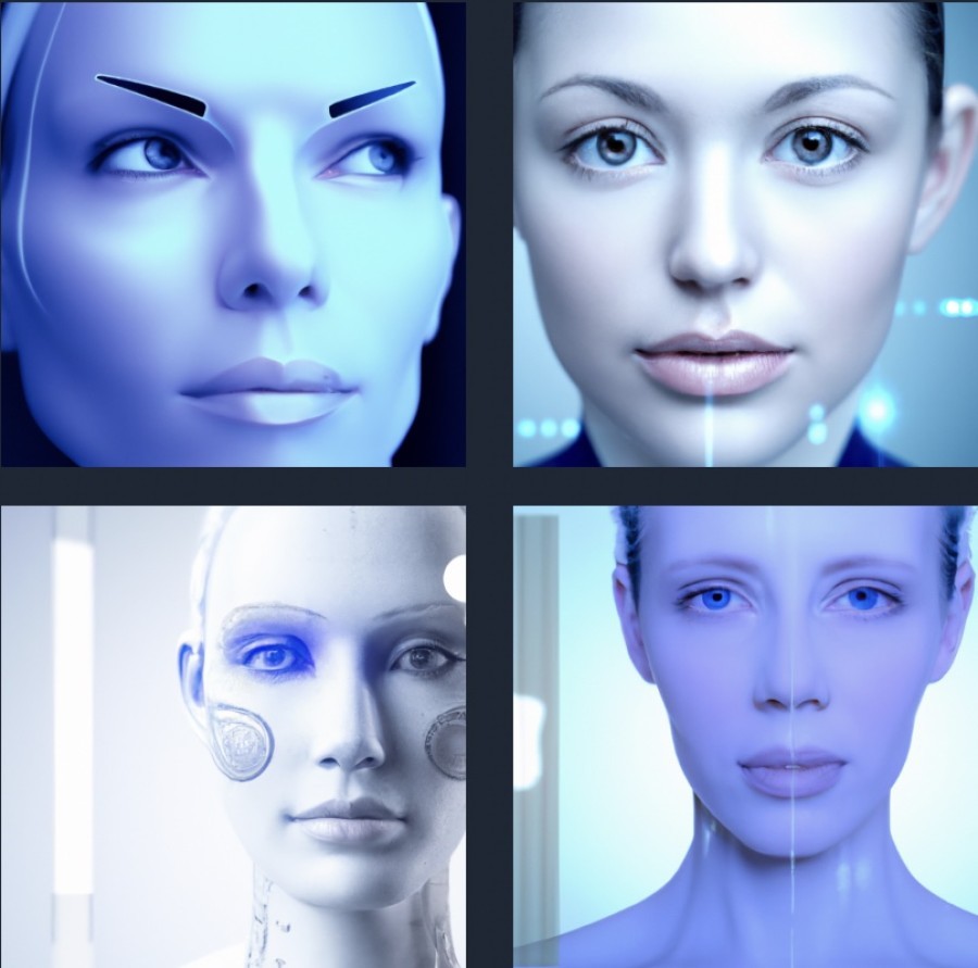 prompt:&nbsp;create a face of a very pretty lady in her late 20s that looks like an AI futuristic cyborg person. photo should be in blue tones