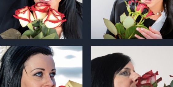 prompt:&nbsp;create a photo of a good-looking businesswoman in her late 20s with black hair and blue eyes smelling the roses